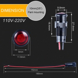 DMWD 5pcs 10mm LED Indicator Light Plastic Black Signal Dot Lamp 110-220V AC 2/5" Mounting Hole Size with 15cm/5.9in. Wire (Red LED)