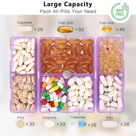 FYY Daily Pill Organizer,7 Compartments Portable Pill Case Travel Pill Organizer,[Folding Design] Large Pill Box for Purse Pocket to Hold Vitamins,Cod Liver Oil,Supplements and Medication-Clear Purple