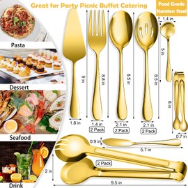 IAXSEE 12 PCS Stainless Steel Serving Utensils, Large Spoons Slotted Spoons Forks Tongs, Ice Suger Tongs, Pie Server, Butter Knife, Coffee Spoons, Great for Buffet Catering Banquet Party, Gold