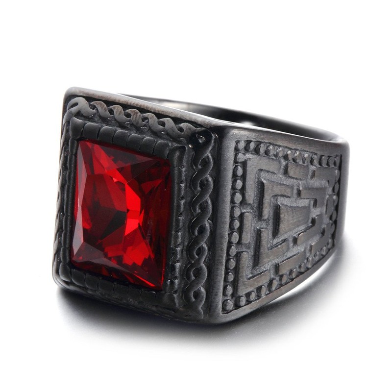 HIJONES Men'S Stainless Steel With Big Red Stone Black Ring