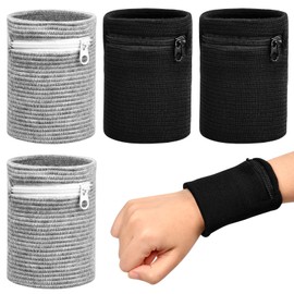 4 Piezas Muñequeras de Sudor, Muñequera Deportiva, Muñequera con Cremallera Bolsillo, Pulseras de Tela Algodón, Bandas de Sudor para Baloncesto...    