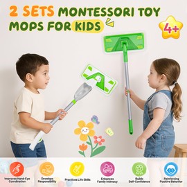 ILAVCLEAN 2-Set Toy Mop for Kids - Toddler Real Spray Flat Floor Mop Montessori Cleaning Toy Set, Educational and Fun Gifts for Boys and Girls Ages 4+