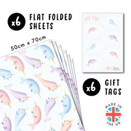 Pastel Wrapping Paper - Narwhal - Animal of the Arctic Ocean - 6 Sheets of Wrapping Paper for Boys and Girls - with Stickers and Tags - Recyclable - From Central 23