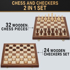 2 in 1 Magnetic Chess Set & Checkers Board Game, 15" Wooden Folding Chess Board with 2 Extra Queens, Portable Travel Chess Set with Pieces Storage Slots, Beginner Chess Board Game for Adults & Kids