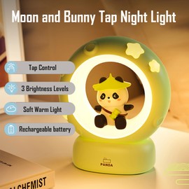 Moon and Panda Rechargeable Night Light, Safe PVC and ABS Material, 3 Brightness Levels, Tap Control, Warm Light, Toddler Sleeping Lamp, Bedroom Night Lamp, Gift for Baby and Kid (Moon and Panda)