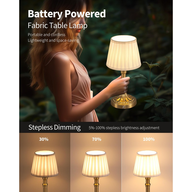KDG Cordless Portables Table Lamp, LED Fabric Shade Small Desk