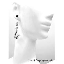 Musical - 3/D Saxophone - 21x17mm - Silver alloy charm dangle earrings. Hypoallergenic Stainless-Steel Fishhook or Ball-Post. Silver Plated Ball-Post, or Silver Tone Clip-on Earrings Optional