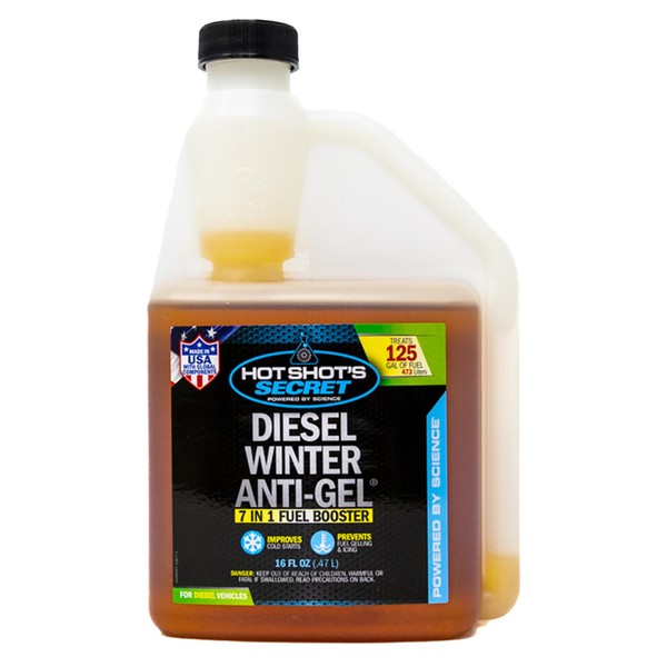 Hot Shot's Secret Diesel Winter Anti-Gel– 16 Oz Squeeze, 7-in-1 Diesel Fuel Additive – Prevents Gelling and Fuel Line Freeze-Ups – Boosts Cetane – Cleans Injectors – Improves Performance, Amber