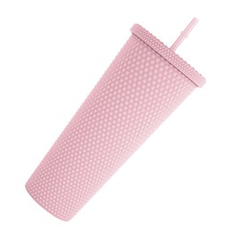 Joymaking Studded Tumbler with Straw and Lid, Double Walled Cold Cup, 24oz Studded Cup Plastic Cup Glitter Water Bottle Cups for Iced Coffee, Smoothies and Drink（Coral Powder）