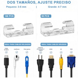 Organizador de Cables 150 Piezas, Clips Adhesivos Transparentes con 3M, 100 Pequeños y 50 Grandes para USB, Audífonos, Fibra Óptica, HDMI, AV, VGA, Escritorio y Pared