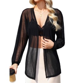 Totatuit Open Front Sheer Cardigans for Women Beach Swimsuit Cover Ups Loose Casual Lightweight Shrug Black Large