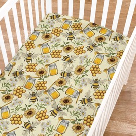 Retro Honey Bees Sunflowers Baby Crib Sheets for Girl Boy 52"x28" Vintage Bees Daisy Floral Soft Breathable Baby Crib Mattress Cover Summer Baby Bed Sheets Fits Standard Crib and Toddler Mattress