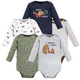 Hudson Baby Unisex Baby Cotton Long-Sleeve Bodysuits, Camping Animals, 0-3 Months