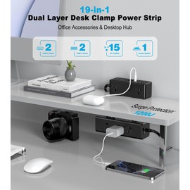 Dual Layer Desk Clamp Power Strip, 19 in 1 Desktop Edge Mount Surge Protector with 4 USB Ports(2 USB-C) & 15 AC Outlets, Ultra Thin Flat Plug & 10FT Power Cord for Office Home(Black)