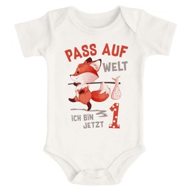 MoonWorks® Baby Bodysuit First Birthday Pass auf Welt ich Bin jetzt 1 Fuchs Short Sleeve Body Organic Cotton, Pass auf Welt 1 Natur