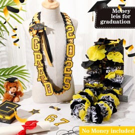 Sureio 2025 Graduation Leis Hawaiian Lei Graduation Money Ribbon Leis Double Braided Necklace Graduate Gift or Women Men(Black and Gold)
