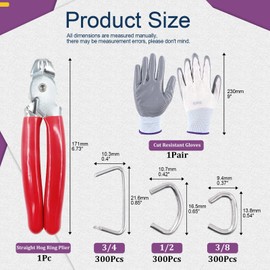 Swpeet 900Pcs 3/4" 1/2" 3/8" Galvanized Hog Rings with Straight Hog Ring Pliers Assortment Kit, Professional Upholstery Hog Rings Installation Kit for Bungee Shock, Cords, Animal Pet Cages, Bagging