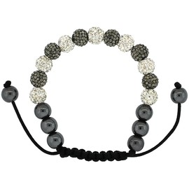 Sabrina Silver White & Black Crystal Ball Macrame Bead Bracelet for Men and Women Hematite Beads Adjustable Unisex 5/16 in. (8 mm) Wide