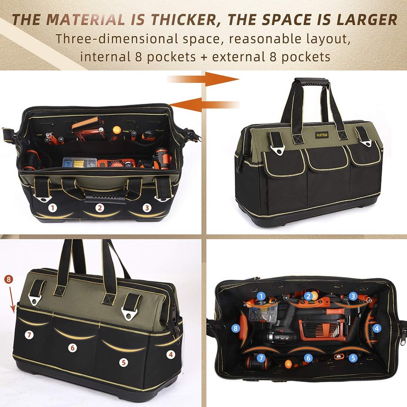 FASTECH 20-inch Wide Mouth Tool Bag with Water Proof Molded