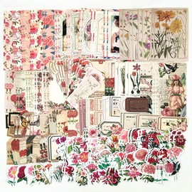 200PCS Vintage Scrapbooking Supplies Pack, Aesthetic Scrapbook Sticker Paper Art Journaling Kit for Bullet Junk Journals,Planner,Cottagecore Decor Gifts (Pink Series)