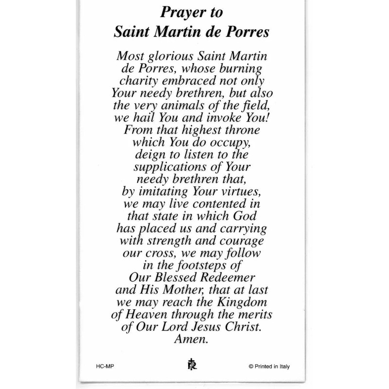 St. Martin De Porres - Relic Laminated Holy Card -