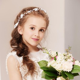 HJZHII Flower Girl Headpiece Headband, White Pearl Flower Headband Princess Girl Wedding Hair Accessory Hair Band for Girls Birthday Party First Communion