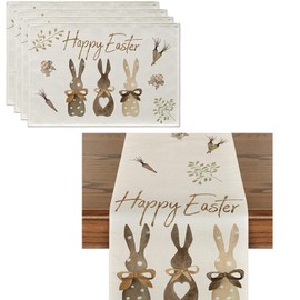 Easter Table Runner and Place Mats Set, Spring Tablecloth Place Mats Wipe Clean Table Place Mats, Non-Slip Easter Rabbit Tablecloth Made of Linen for Spring Kitchen Dining Table Decoration (Style C)