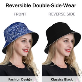 BLUBLU Double-Side-Wear Bucket Hat for Women Men Unisex Reversible Outdoor Sun Cap Packable Fisherman Hat Headwear - Paisley Blue