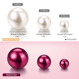 Hicarer 120 Pieces Pearl for Vase Filler Pearl Bead Vase Centerpieces Bead for Brush Holder Assorted Round Faux Bead for Home Wedding Table Decor, 14/20/30 mm (Creamy White, Bright Wine Red)