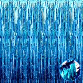 HalloweenDecorate 4 Pack Lake Blue Foil Fringe Curtain Backdrop, 3.3Ft x 9.8Ft Metallic Tinsel Foil Fringe Streamers Curtains for Photo Lake Blue 9.84Ft Lake Blue 9.84Ft