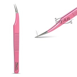 Fiber tip Lash Eyelash Extension Tweezers, Japanese Stainless Steel Lash Tools Straight Curved 45 90 Degree Angled Tip, Russian Volume Tweezers Precision (Pink) (Dolphin Tweezers)