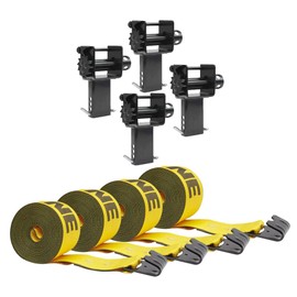 Mytee Products Stake Pocket Winch & Winch Straps Kit - 4 Pack Kinedyne 4" x 30' Yellow Winch Strap with Flat Hook & 4 Pack Stake Pocket Winch for Flatbed Trailers