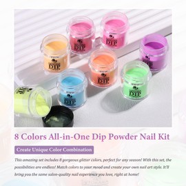 SUTOKAKA Dip Nail Powder Starter Kit with Recycling Tray System, 8 Colors Bright Neon Pastel Summer Colors Acrylic Powder Nail Design Set Home DIY Accessories 21Pcs