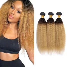 Honey Blonde Kinky Straight Bundles Human Hair 1B27 Yaki Bundles 22 24 26 Inch Niegmeag Hair 2 Tone Black and Blonde Bundle Double Weft 1B27 Hair Weave