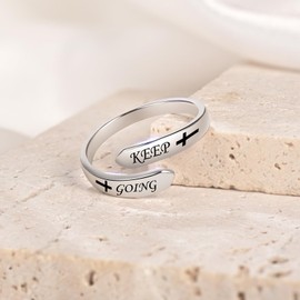 ACJNA Inspirational Ring 925 Sterling Sliver Keep Going Cross Adjustable Rings for Women Encouragement Gift, Sterling Silver, No Gemstone