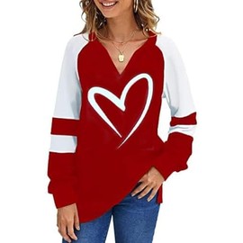 Women's Loose V-Neck Cute Love Long Sleeve Heart Shirts RLL XL