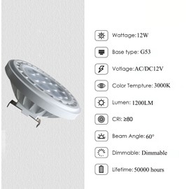 Edearkar 12W AR111 G53 Reflector Flood Light Bulb, Warm White 3000K, AC/DC12V, Equivalent ES111 Bulb 120W, 1200 Lumens, G53 Base, Low Voltage 12V LED Reflector Light Bulbs for Spotlights, Pack of 4