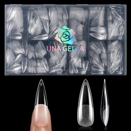 UNA GELLA Long Stiletto Gel Nail Tips, 600Pcs Pre Etched Long Stiletto Almond Nail Tips Clear Fake Nails Press on Nails No C Curve for DIY Art Salon at Home 12 Sizes