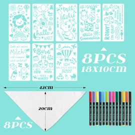 8 Dreieckstuch Baby Lätzchen zum Bemalen Halstuch Baumwolle mit 13x Textilstifte 8x Malen Schablonen Halstuch Babyparty Deko Spiele Wasserdicht Lätzchen für Babys Junge Mädchen Babyshower Malvorlagen