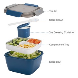 Freshmage Freshmage Salad Lunch Container To Go, 52-oz Salad Bowls with 3 Compartments, Salad Dressings Container for Salad Toppings, Snacks, Men, Women (Blue)