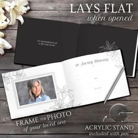 NAVA INTERNATIONAL Funeral Guest Book with White Lilies, Memorial Sign in Book with Silver Pen and Acrylic Base, Hardcover Elegant Memorial Guest Book, Funeral Guest Book for Memorial Service