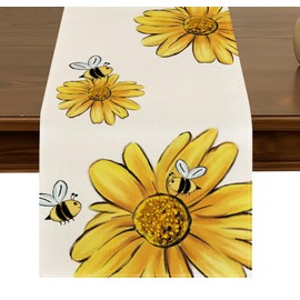 Sunflower Bee Summer Table Runner,72 Inches Seasonal Flowers Holiday Kitchen Dining Table Decoration for Home Party Indoor ZQ08