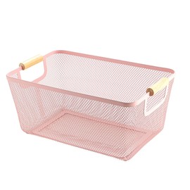 AJIODA Metal Mesh Steel Basket, Large Wire Storage Organizer Basket Multi-function Hanging Kitchen Baskets with Wood Handle for Kitchen Bathroom Picnic Home, Rectangle-Pink