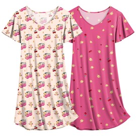 Ekouaer 2 Pack Nightgowns for Women Flare Short Sleeve Sleepshirt V Neck Sleepwear Teddy Bear + Pink Cherry S