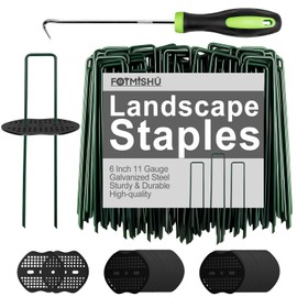 FOTMISHU Landscape Staples 6Inch 100pcs Garden Stakes + 100pcs Gasket, Lawn Pins with Spray Coating Craft,11Gauge Anti-Rust Ground Yard Spikes Anchoring for Outdoor Tents Irrigation Hoses (Green)