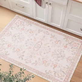 MUJOO Small Rug Washable,Pink 2x3 Area Rugs for Entryway,Floral Front Door Mat Indoor Entrance Entry Way,Boho Kitchen Bathroom Floor Rug Throw Carpet Non Slip Low Pile Vintage