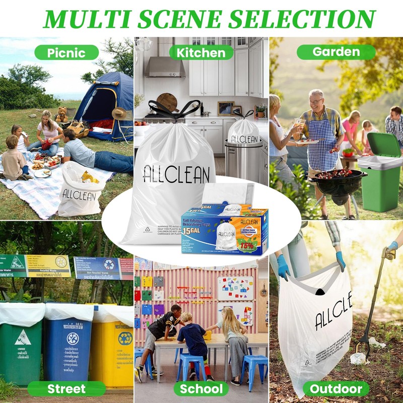 ALLCLEANbags Trash Bags 15 Gallon Tall Kitchen Drawstring Garbage Bags,Fit