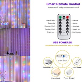 Augone Augone Curtain Fairy Lights Waterproof3m3m 300LED String Lights for Bedroom with 8 Modes Remote Control TimerUSB Fairy Lights for Garden, Party, Wedding DecorationsMulti-Colored
