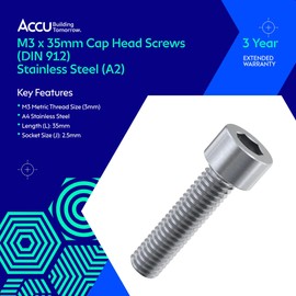 Accu - M3 x 35mm Cap Head Screws (DIN 912) - Marine Stainless Steel (A4) (Pack of 50)
