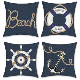 Bonhause Nautical Pillow Covers 18 x 18 Inch Set of 4 Anchor Marine Denim Navy Blue Decorative Pillows Case Polyester Linen Outdoor Cushion Covers for Couch Sofa Bed Home Decor